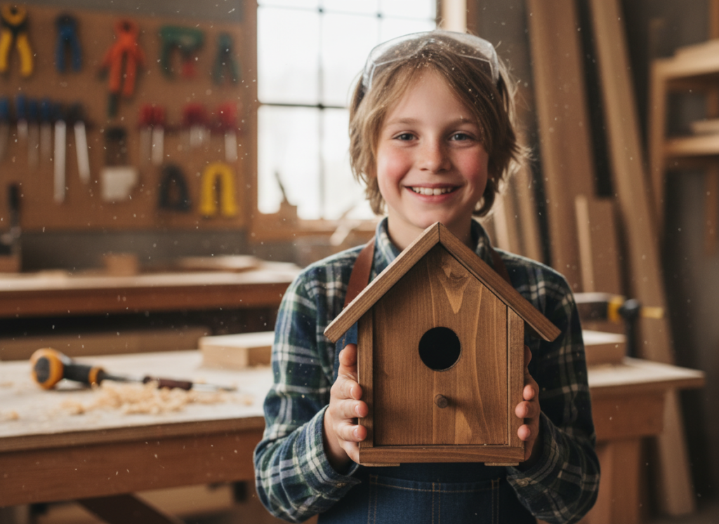 proud child displaying completed woodworking project proud child displaying completed woodworking project