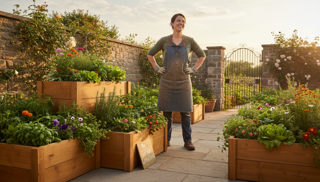 proud person standing next to completed diy wooden planter boxes in garden
