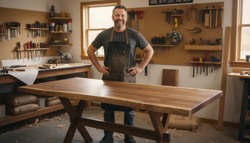 proud woodworker standing beside completed handmade table proud woodworker standing beside completed handmade table
