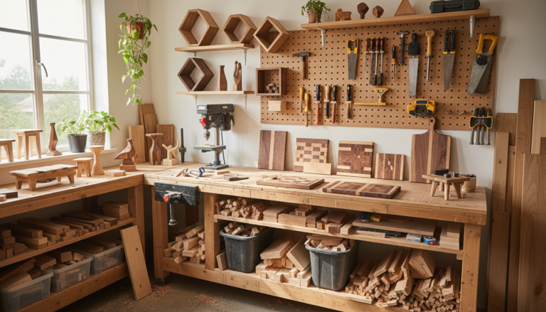 quick diy wood crafts workspace with various wooden projects and tools on workbench