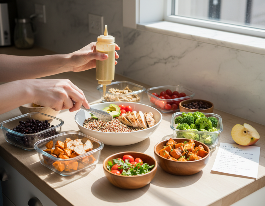 quick lunch being assembled on kitchen counter