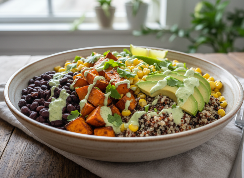 quinoa black bean bowl with vegetables