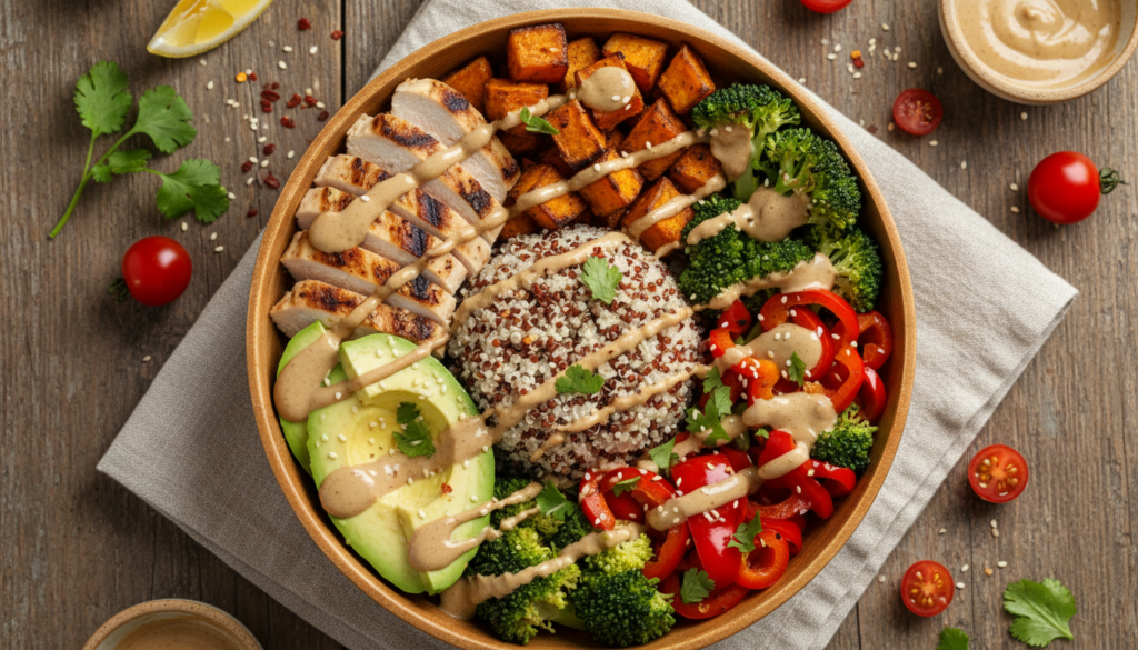 quinoa bowl with vegetables and chicken quinoa bowl with vegetables and chicken
