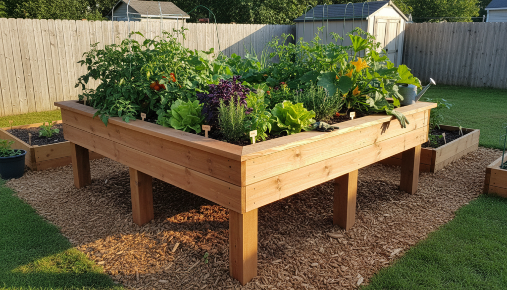 raised garden bed filled with vegetables and herbs