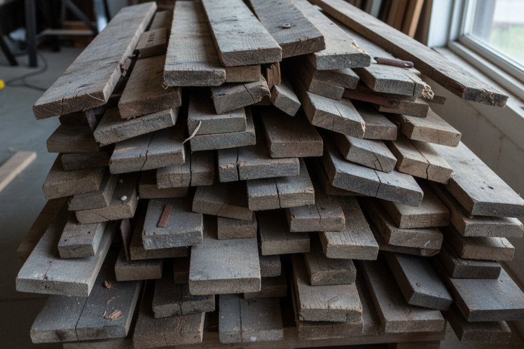 reclaimed wood pieces from pallets and old furniture ready for upcycling