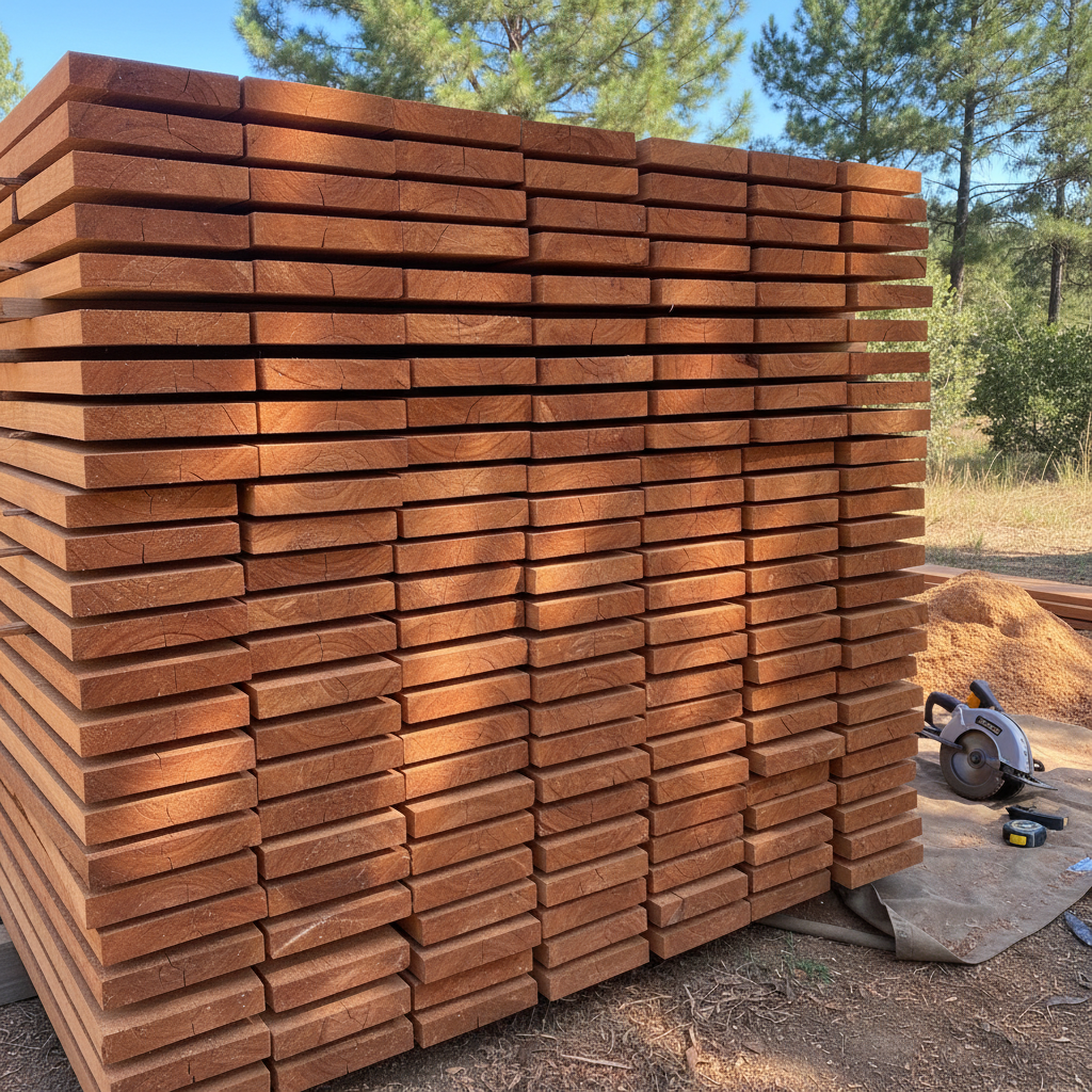 redwood lumber pieces stacked showing rich red color and grain