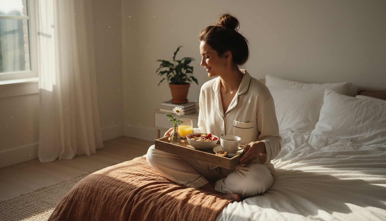 relaxed woman enjoying healthy breakfast in bed with minimal effort