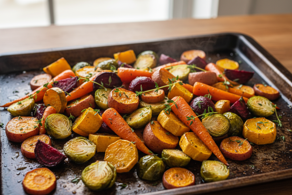 roasted fall vegetables including sweet potatoes, squash and root vegetables on a baking sheet roasted fall vegetables including sweet potatoes, squash and root vegetables on a baking sheet