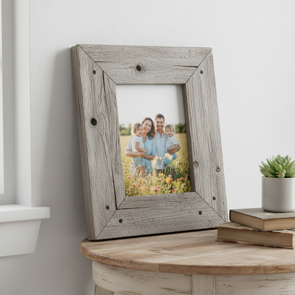 rustic picture frame made from reclaimed wood holding family photo