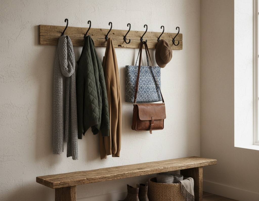 rustic wooden board with metal hooks in entryway holding coats and bags