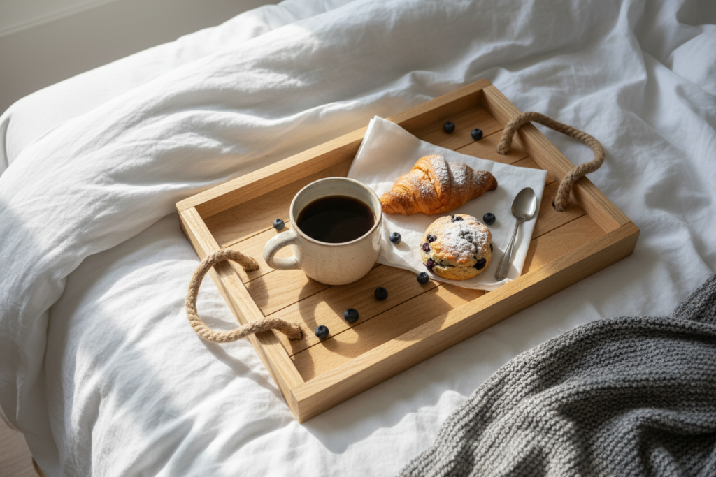 rustic wooden serving tray with rope handles carrying breakfast items