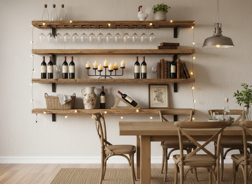 rustic wooden shelves in dining room