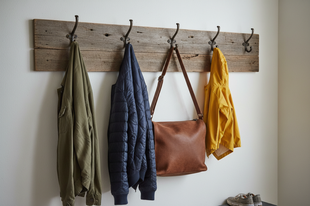 rustic wooden wall hook board mounted in mudroom with coats