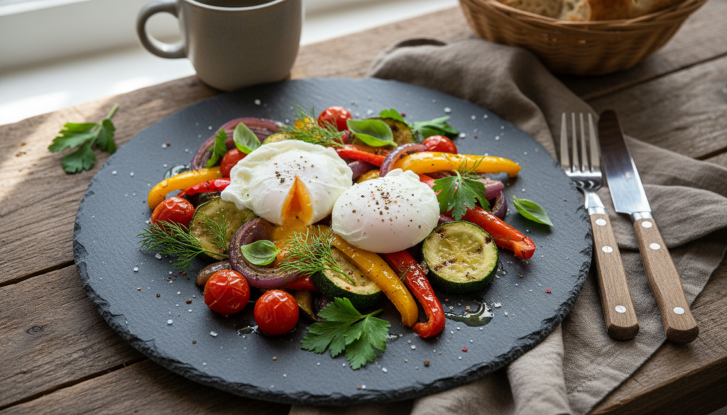 savory breakfast bowl with vegetables and eggs