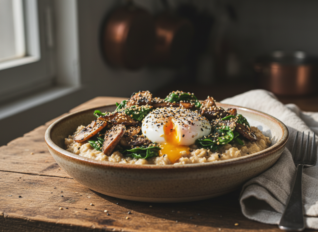 savory oatmeal bowl with vegetables and poached egg savory oatmeal bowl with vegetables and poached egg