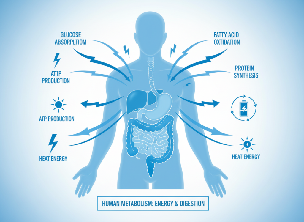 scientific diagram showing metabolism and weight loss process in human body