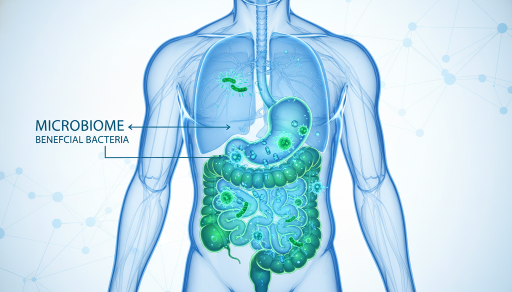 scientific illustration of human digestive system highlighting the gut microbiome with beneficial bacteria colonies