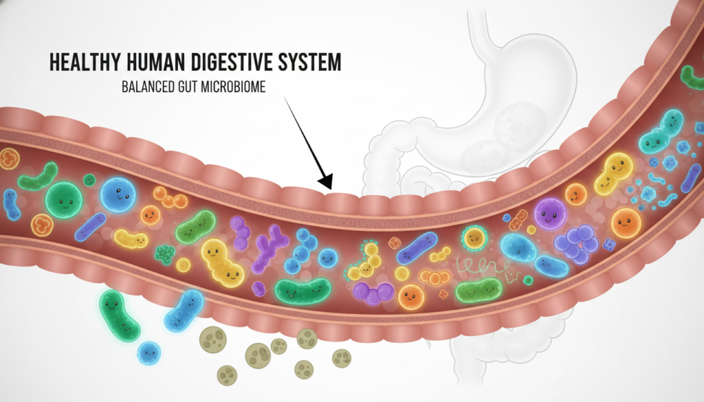 scientific illustration showing healthy gut microbiome with diverse bacteria and digestive system scientific illustration showing healthy gut microbiome with diverse bacteria and digestive system