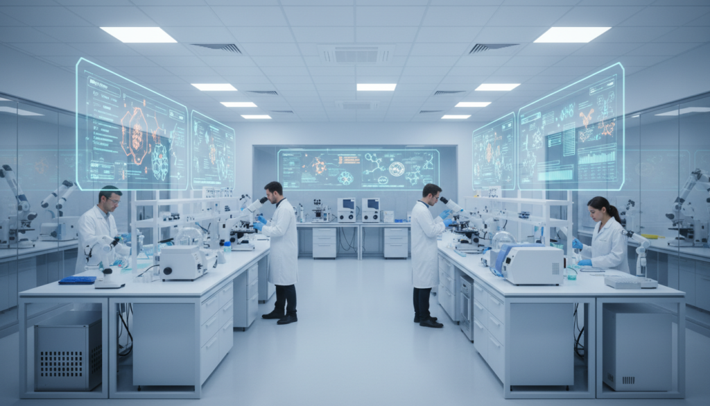 scientific research laboratory with health metrics displayed scientific research laboratory with health metrics displayed