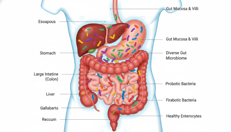 scientific visualization of healthy gut microbiome showing diverse beneficial bacteria in digestive system