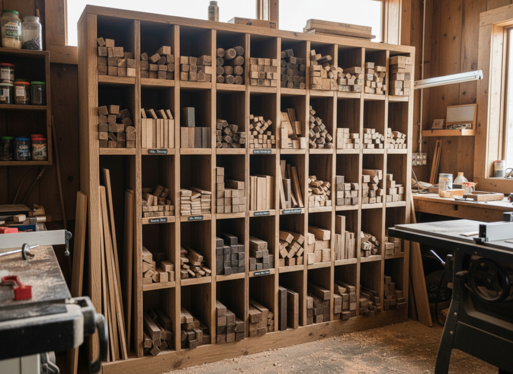 scrap wood pieces organized by size on custom shelves scrap wood pieces organized by size on custom shelves