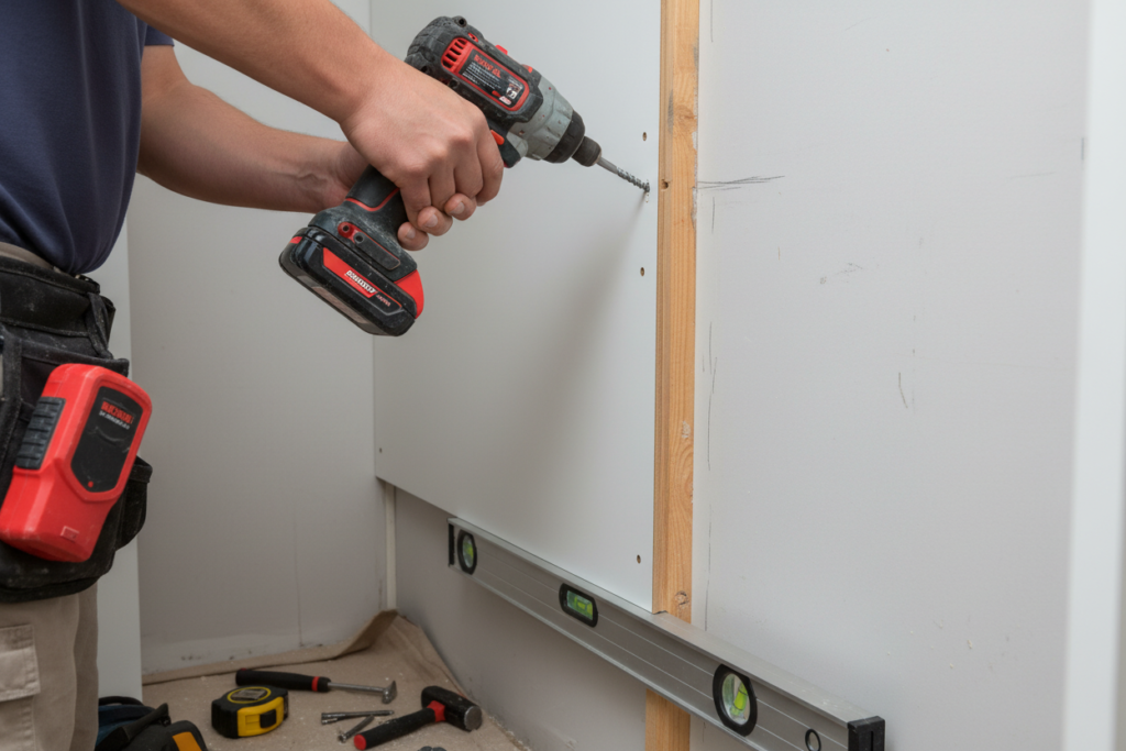 securing closet organizer to wall studs with drill and screws