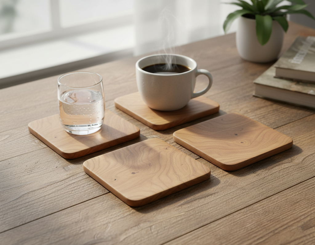 set of handmade wooden coasters with natural finish set of handmade wooden coasters with natural finish