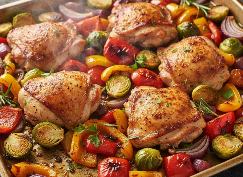 sheet pan with roasted chicken and vegetables