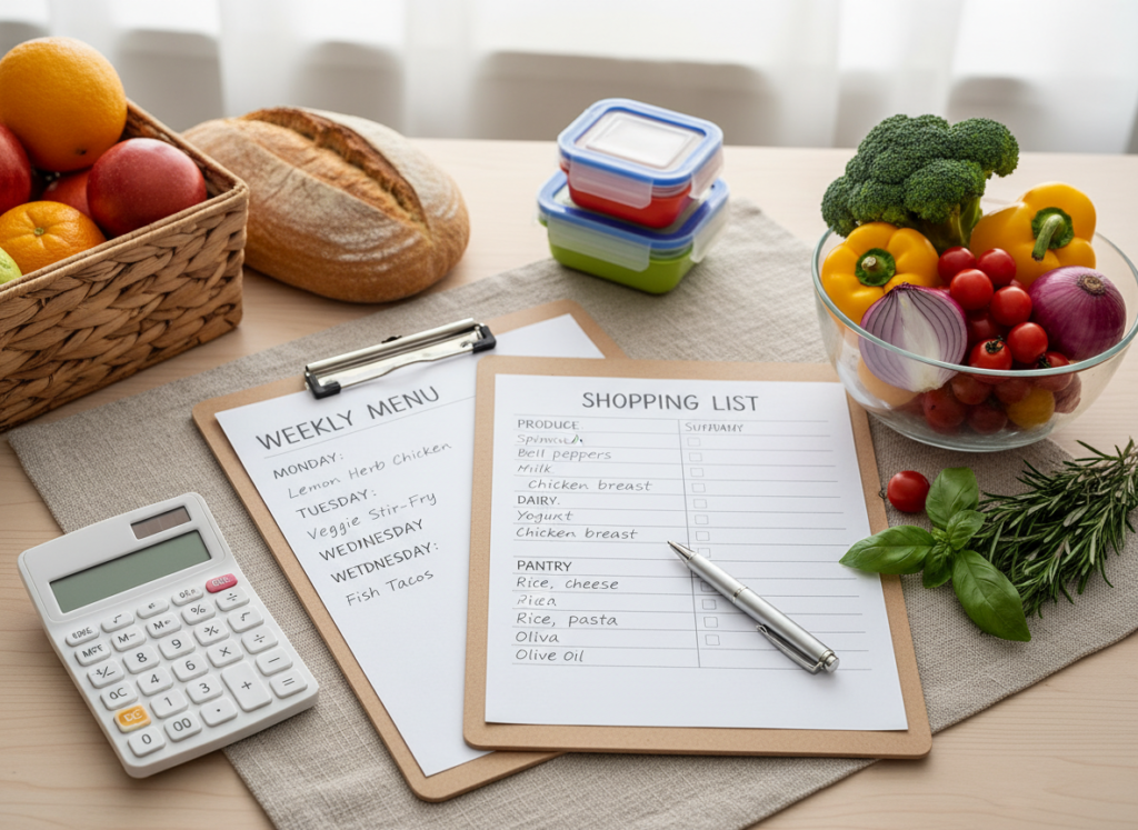 shopping list and meal plan on clipboard shopping list and meal plan on clipboard