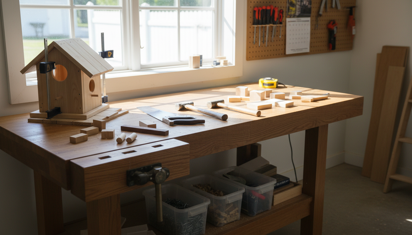 simple wood projects at home workbench with basic tools and wood pieces