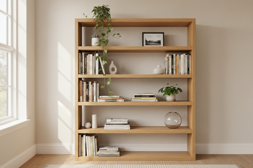 simple wooden bookshelf filled with books in home library