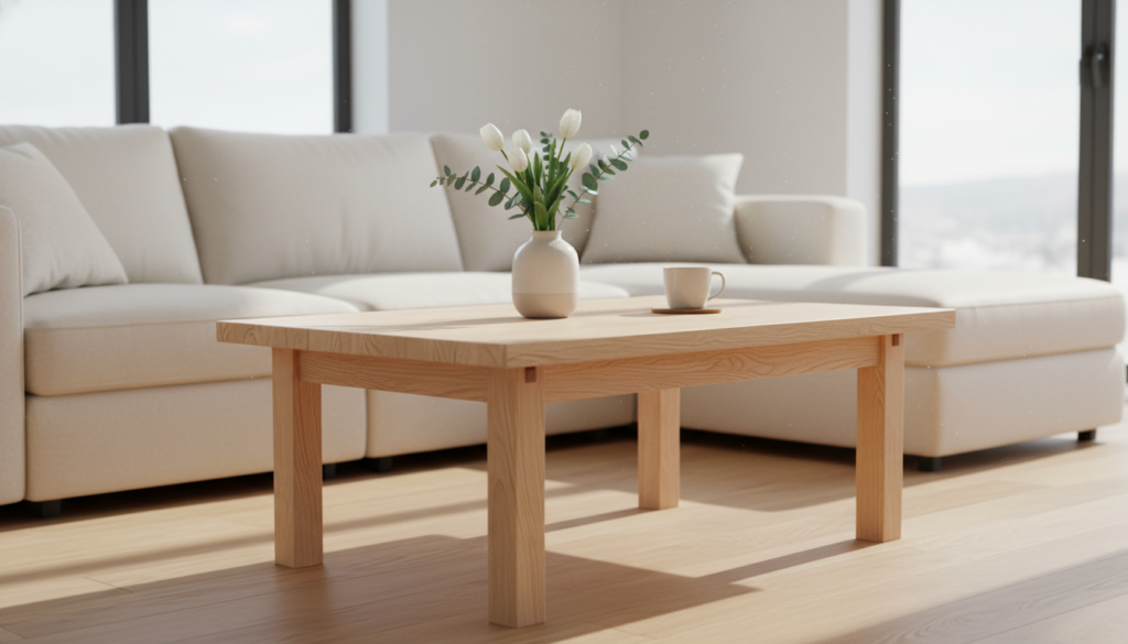 simple wooden coffee table in modern living room setting