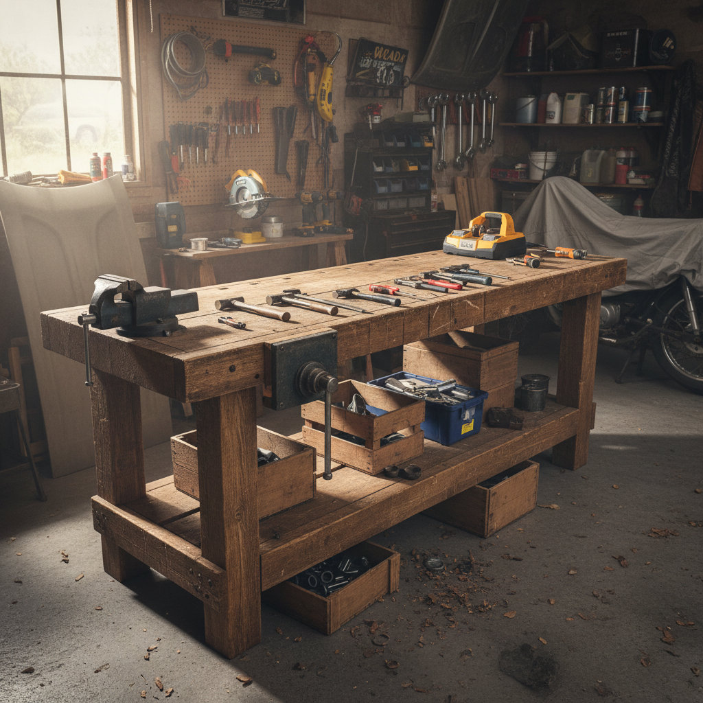 simple wooden workbench with storage shelf