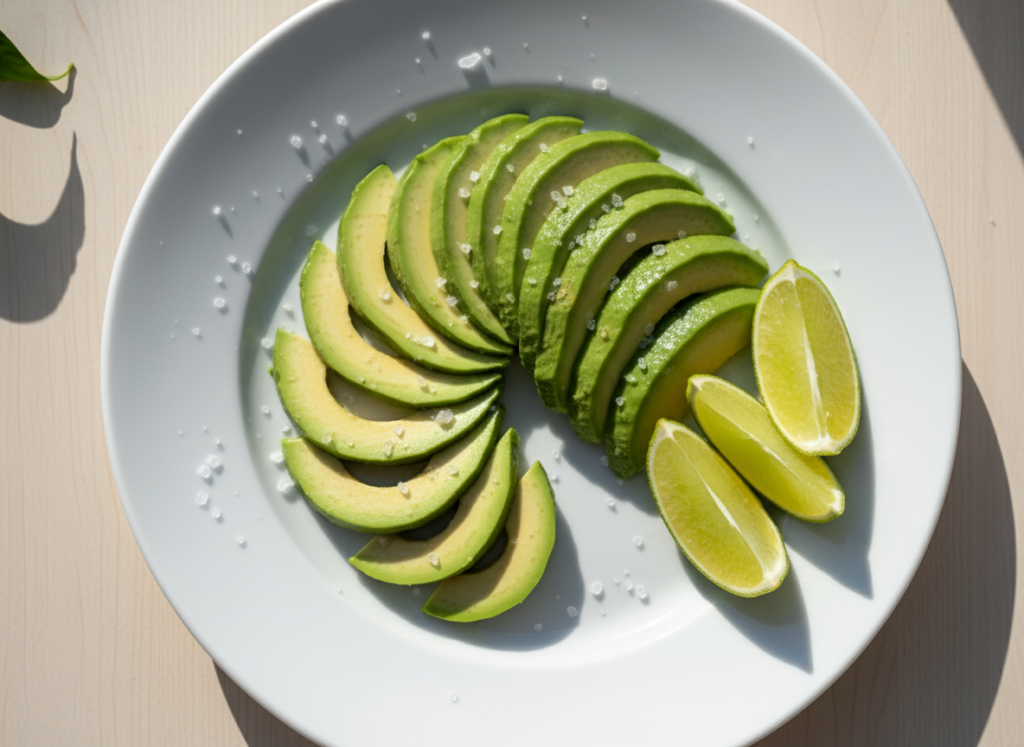 sliced avocado arranged on a plate