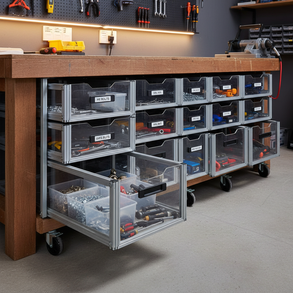 sliding storage bins under workbench