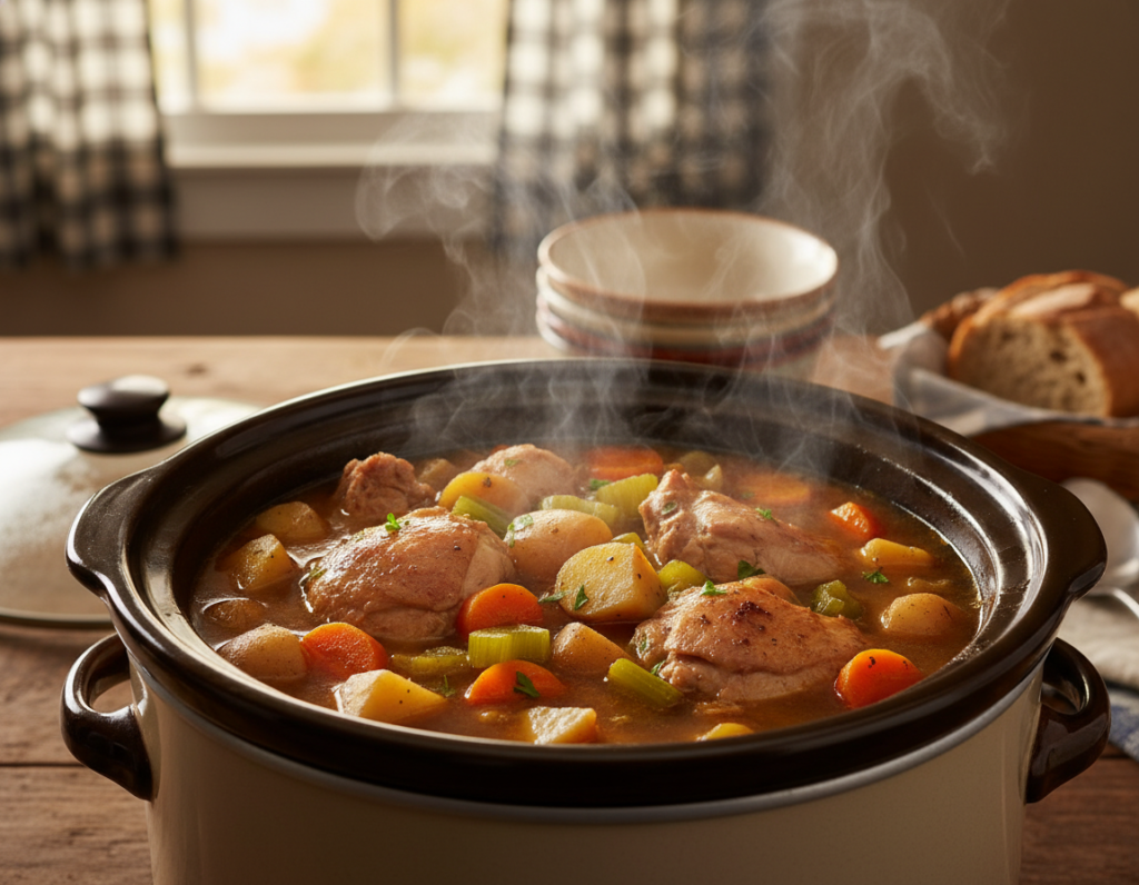 slow cooker filled with hearty chicken and vegetable stew slow cooker filled with hearty chicken and vegetable stew