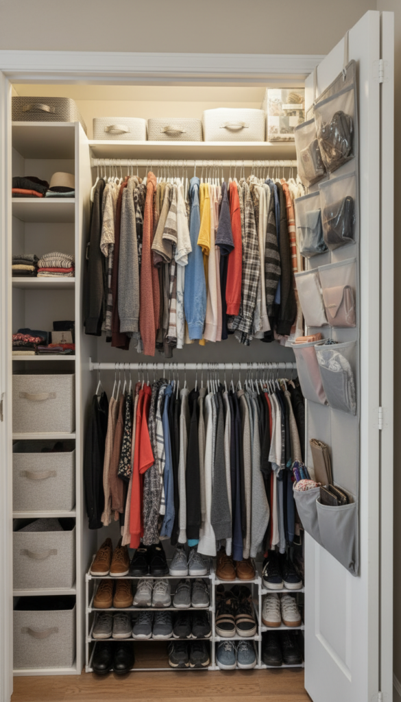 small closet maximized with double hanging rods and compact shelving