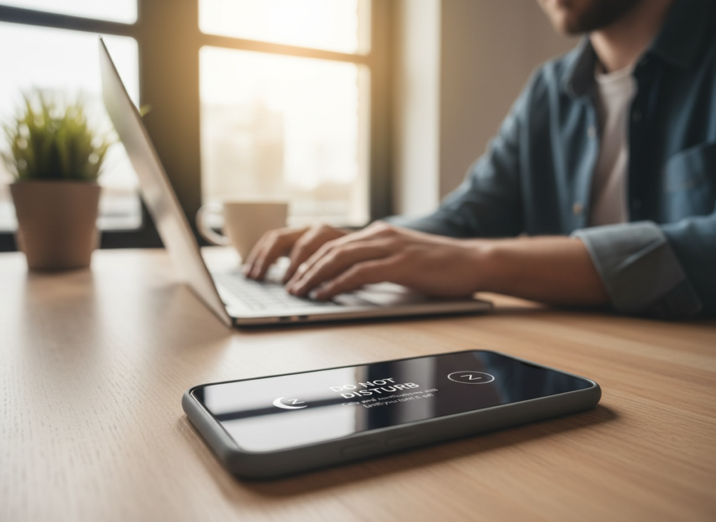 smartphone in do not disturb mode next to focused person working