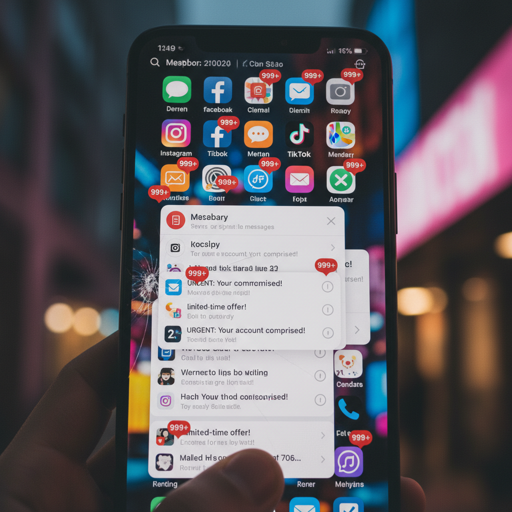 smartphone with multiple notification icons and alerts on screen
