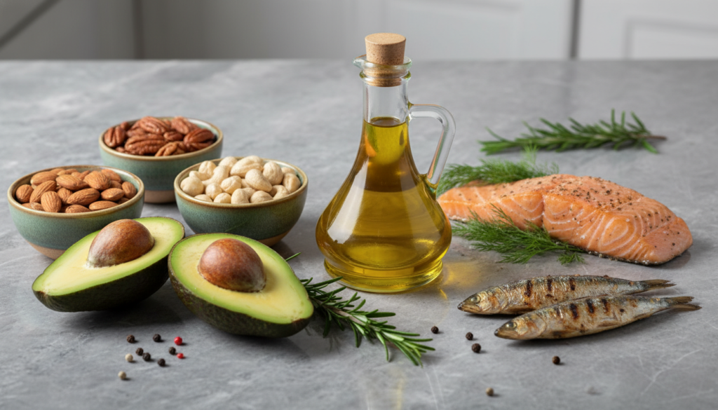 sources of healthy fats including olive oil, avocado, and nuts