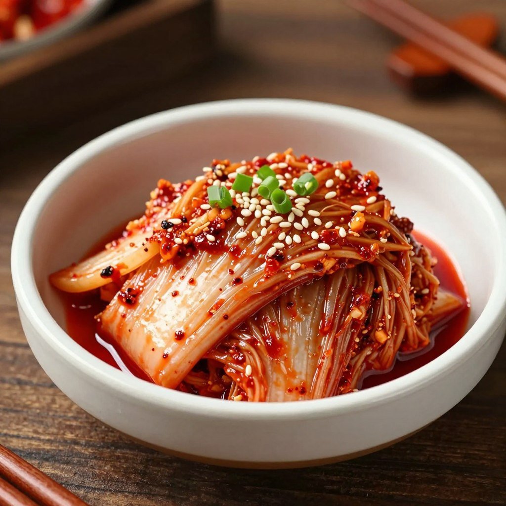 spicy kimchi with red pepper flakes and vegetables