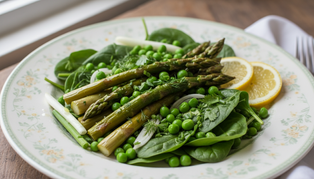 spring vegetables including asparagus, peas, and leafy greens arranged on a plate spring vegetables including asparagus, peas, and leafy greens arranged on a plate