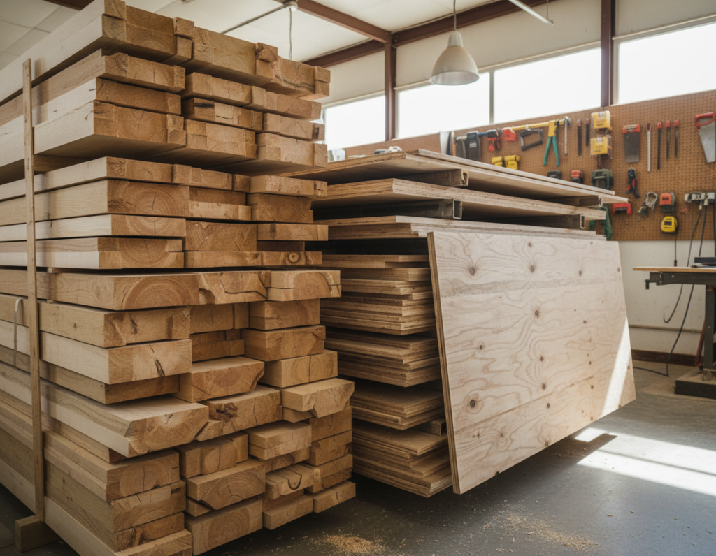 stack of pine wood boards and plywood sheets for diy closet organizer project