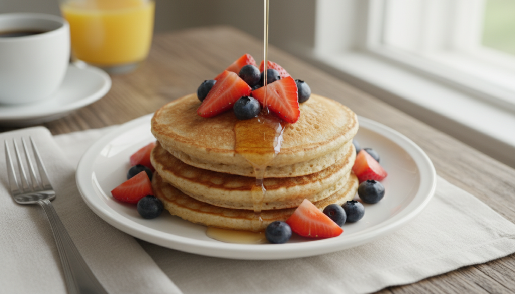 stack of whole grain pancakes topped with fresh berries stack of whole grain pancakes topped with fresh berries