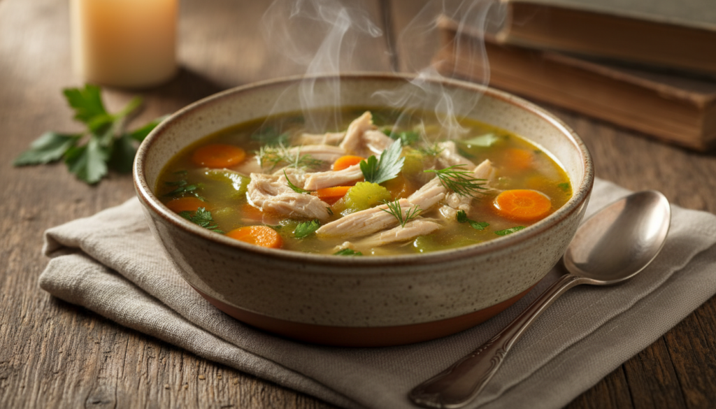 steaming bowl of chicken soup with vegetables and herbs in a rustic setting steaming bowl of chicken soup with vegetables and herbs in a rustic setting