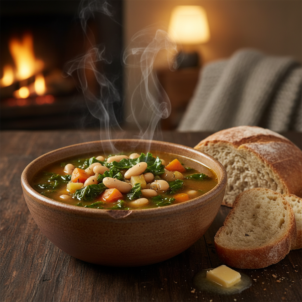 steaming bowl of hearty winter soup with root vegetables and beans steaming bowl of hearty winter soup with root vegetables and beans