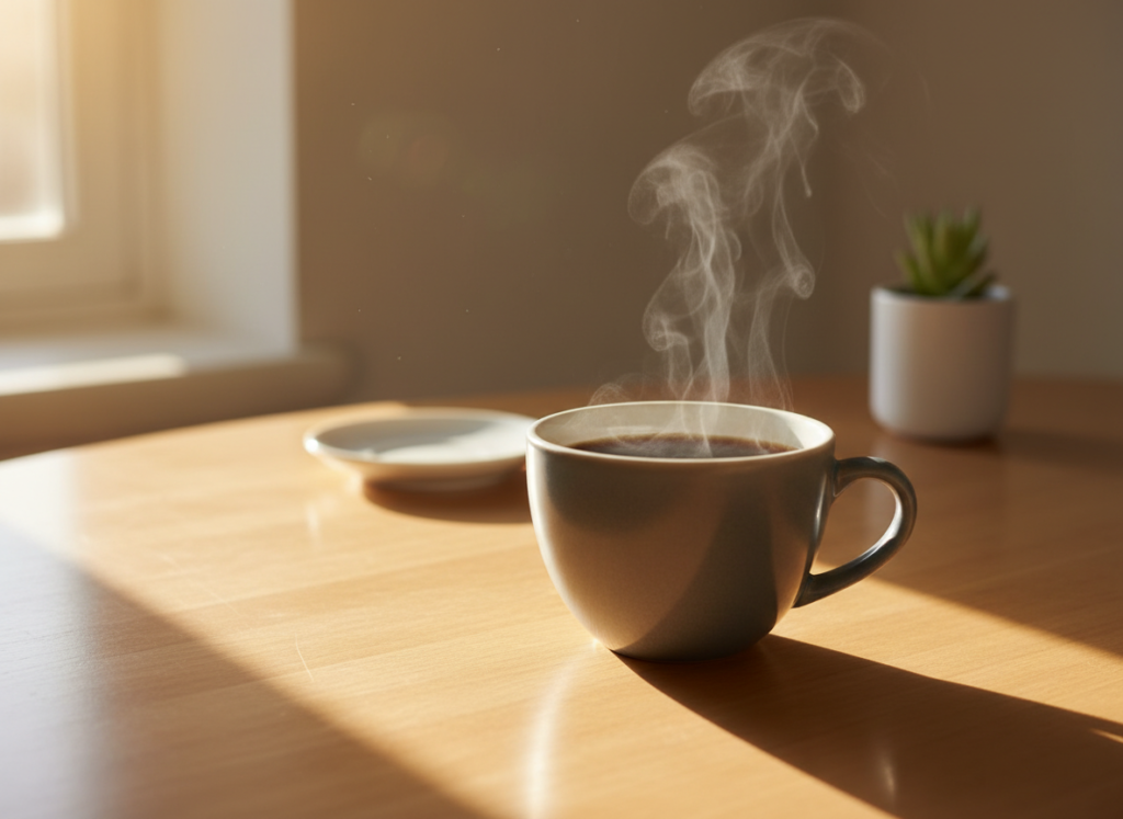 steaming cup of black coffee on morning table steaming cup of black coffee on morning table