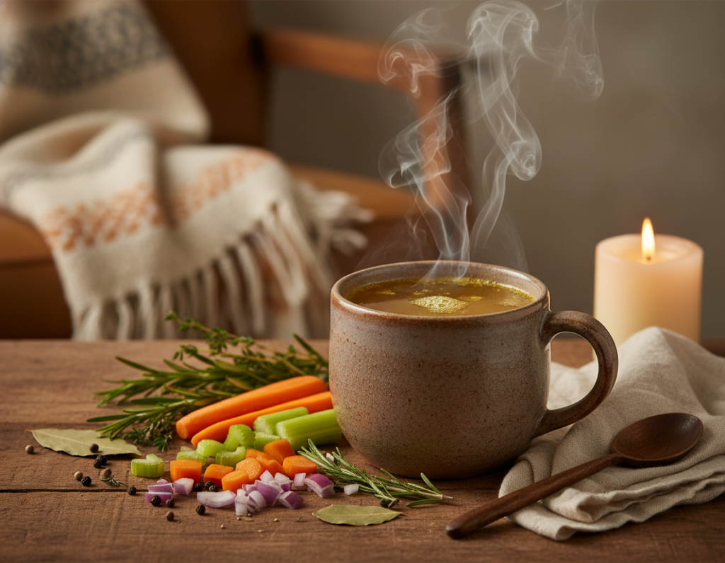 steaming cup of homemade bone broth with vegetables and herbs