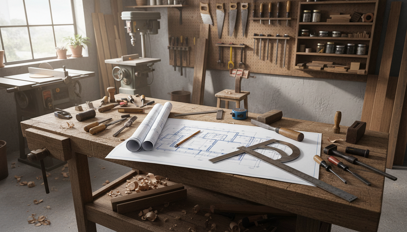step by step woodworking plans laid out on workbench with tools