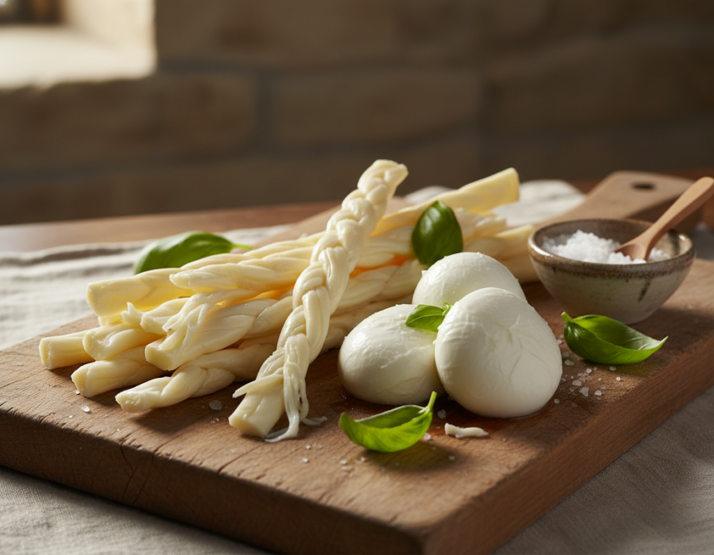 string cheese and mozzarella balls on wooden board
